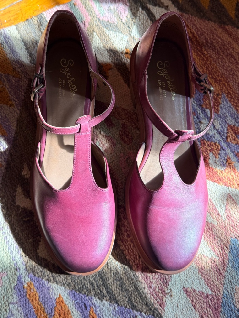 Seychelles T-Strap Low Block Heel in Burgundy - Picture 2 of 7